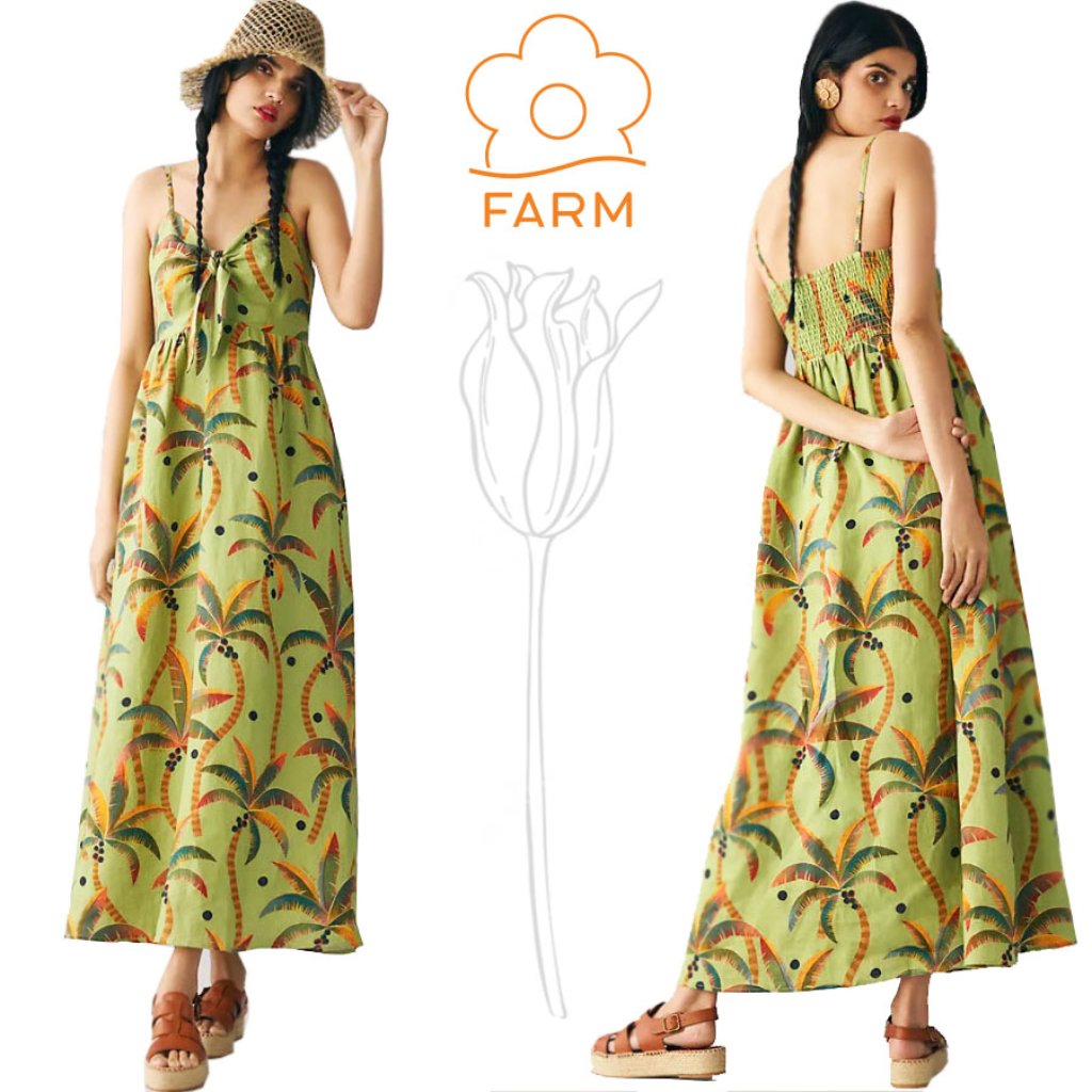 Farm Rio Antro Green Tie Front Linen Dress